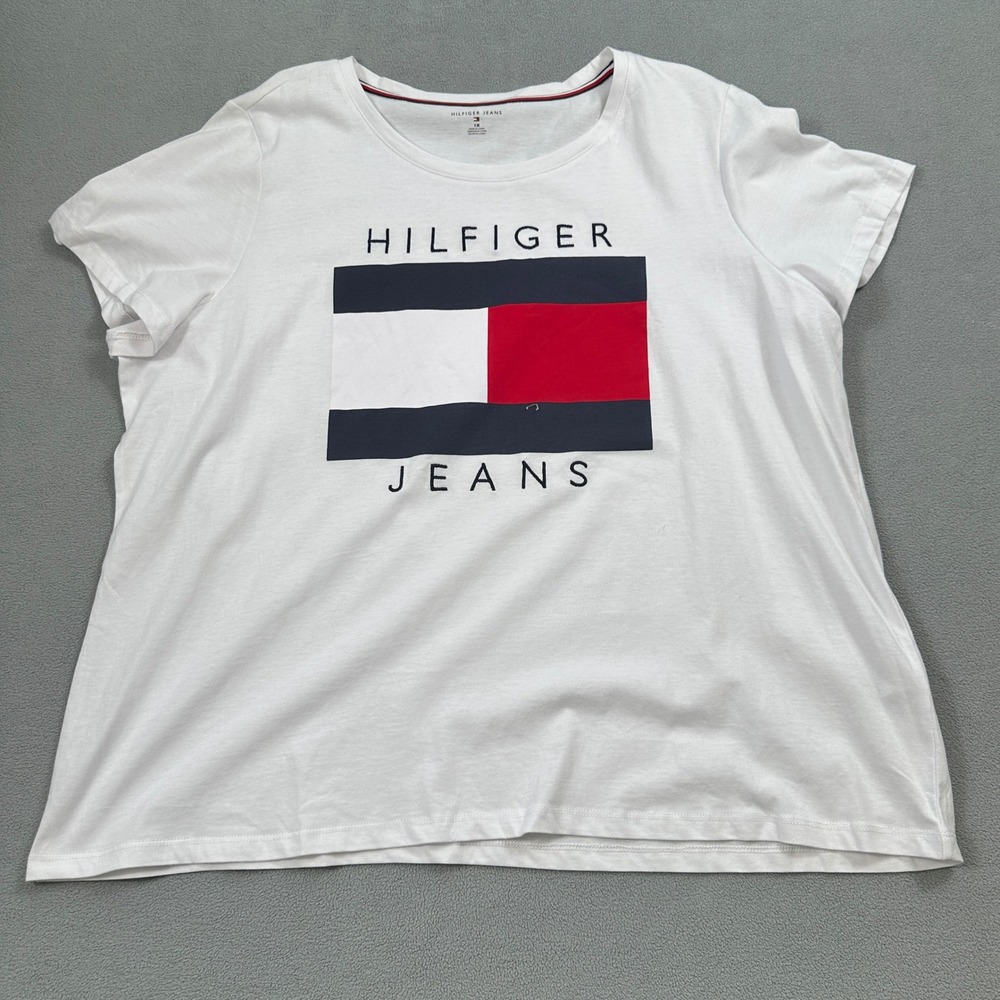 Hilfiger Jeans Shirt 1X Womens White Short Sleeve Logo Graphic Tee Shirt Vintage
